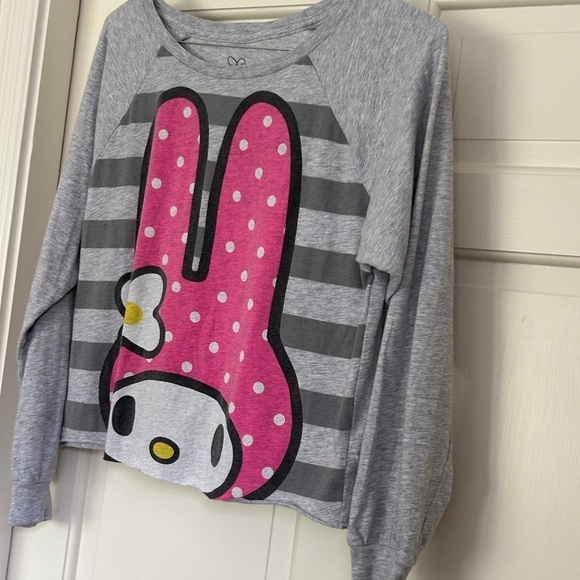 Hello Kitty Sanrio Roll Hem Long Sleeve Top Gray Stripe Pink Size Medium - Picture 5 of 10